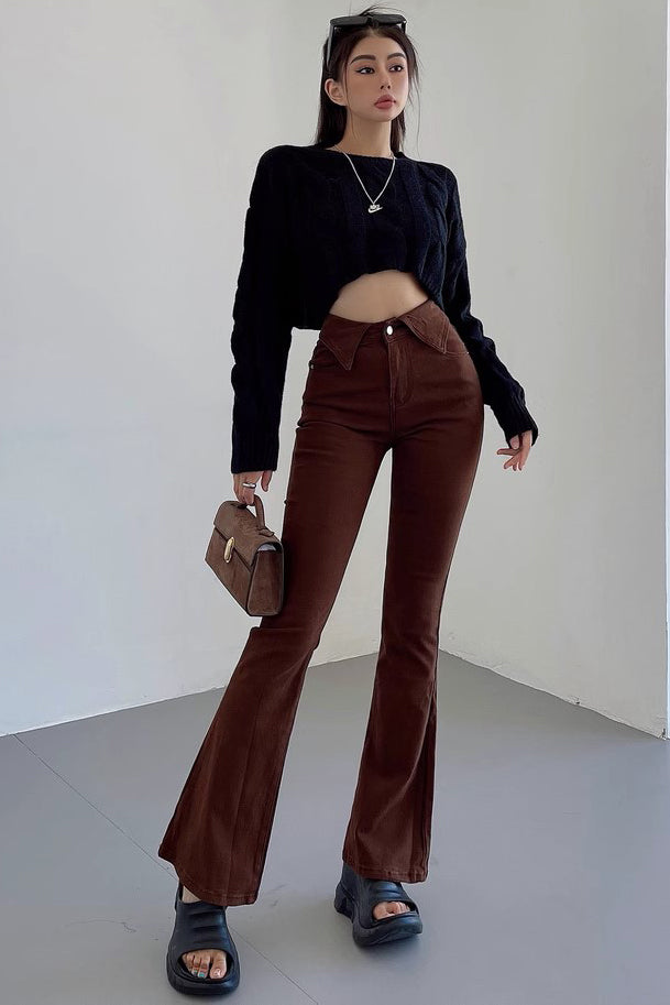 Pantalon en jean taille haute élastique à revers