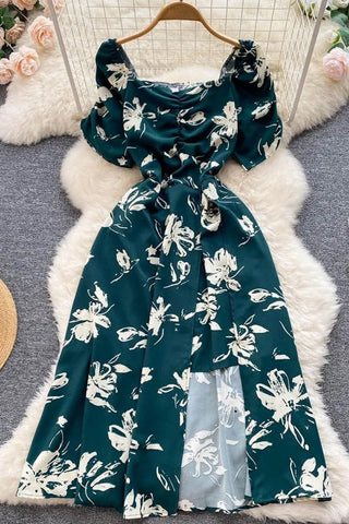 Folds V-neck Floral Print Slit Long Dress Elegant Puff Sleeve Vacation Party Dress