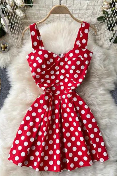 Chest Padded Strap Mini Dress Floral and Polka Dot Print Beach Short Dress