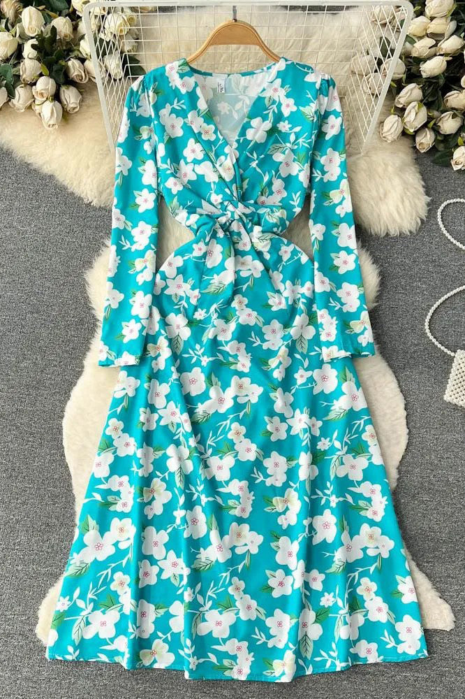 Floral Print Full Sleeve Long Dress Elegant High Waist A-line Party Dress