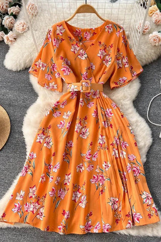 Romantic Floral Print Chiffon Dress With Belt Party Dress