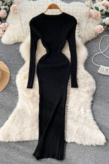 Long Sleeve Knitted Dress O Neck Slim Elastic Oversized Bodycon Sweater Dress
