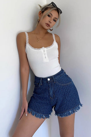 Fringe Trim Embroidery Denim Shorts