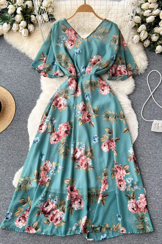 Romantic Floral Print Long Chiffon Dress