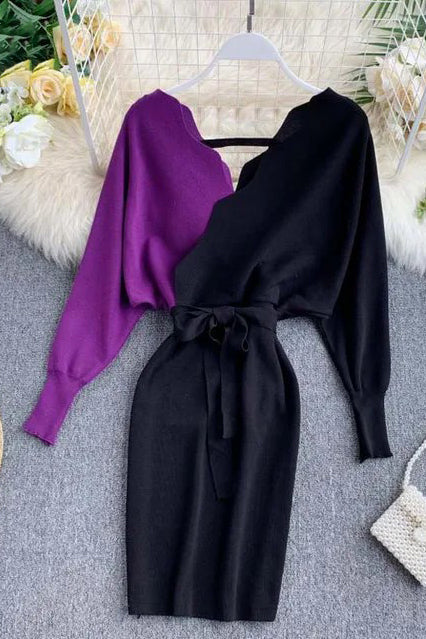 Elegant Sashes V Neck Knit Dress Backless Long Sleeve Sweater Dress
