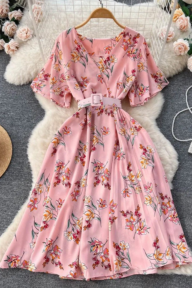 Romantic Floral Print Chiffon Dress With Belt Party Dress