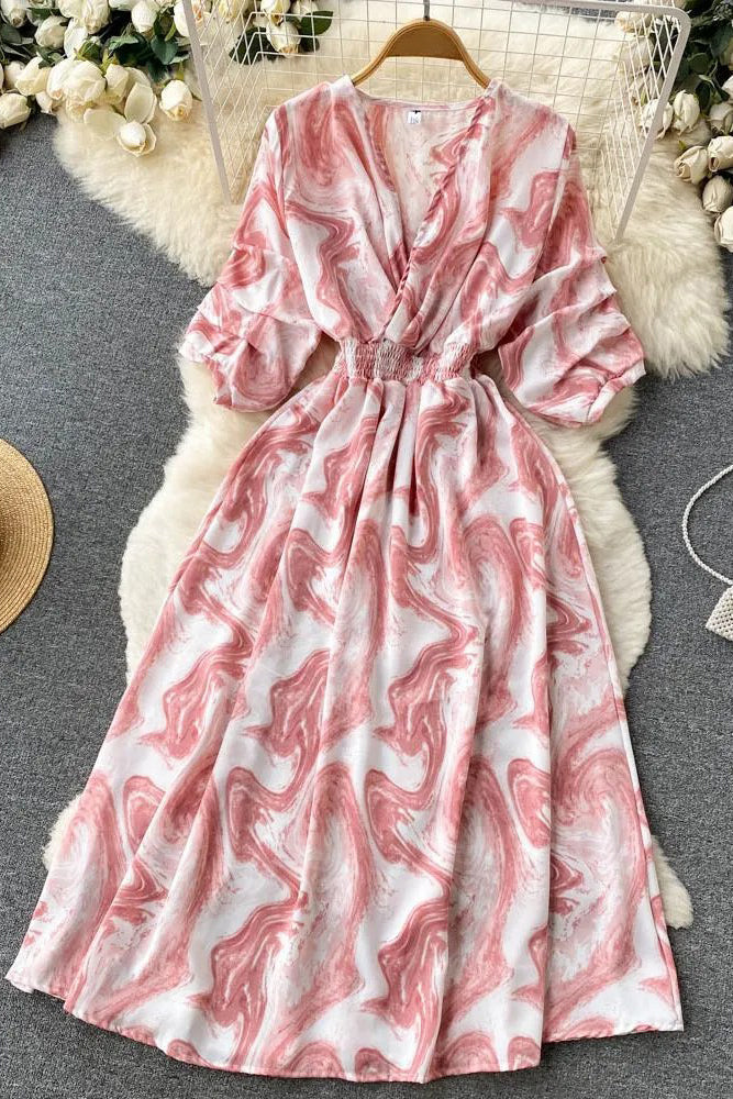 Print Slim Waist Long Dress Vacation Beach Robe Dress