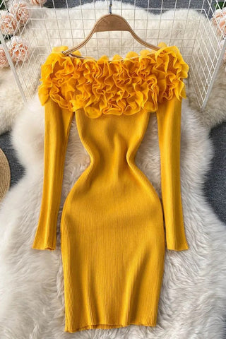 Romantic 3D Flowers Bodycon Party Dress Elegant Off Shoulders Long Sleeve Knitted Dress