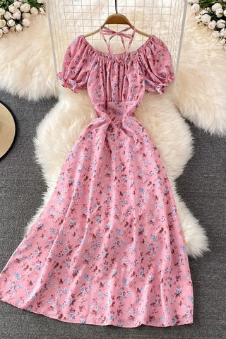 Romantic Floral Print Bandage Neck Long Dress Lady Vacation Beach Dress