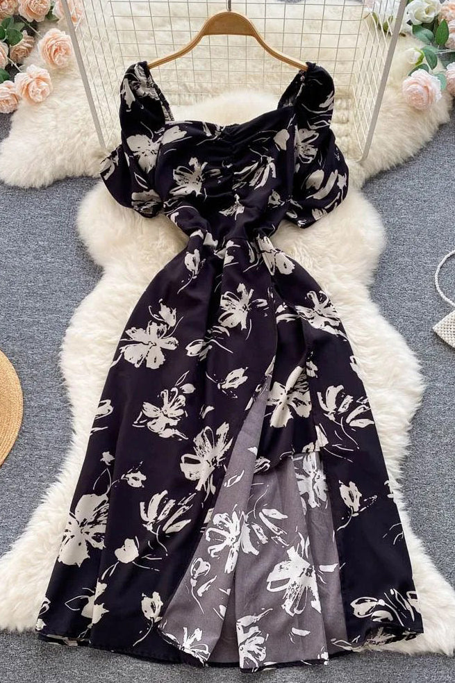 Folds V-neck Floral Print Slit Long Dress Elegant Puff Sleeve Vacation Party Dress