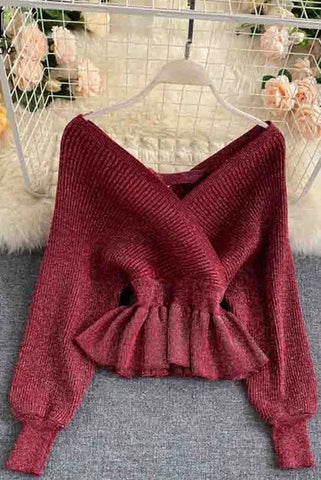 Elegant V-neck Ruffled Knitted Pullover Sweater Tops Shirt