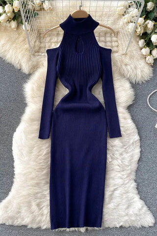 Off Shoulders Long Sleeve Bodycon Knitted Sweater Dress