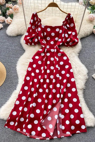 Big Polka Dot Long Elegant Puff Sleeve Split Big Hem Dress