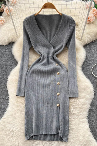 Lady V-neck Buttons Split Elegant Dress for Long Sleeve Knitted Sweater Dress