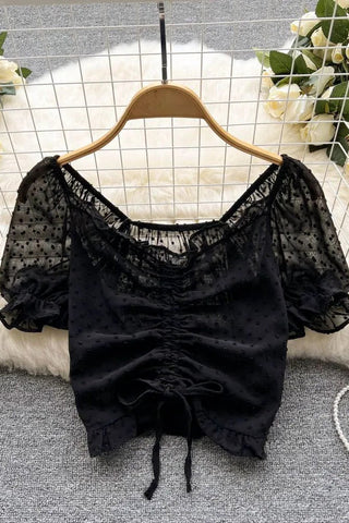 See Through Breathable Tops Drawstring Ruched Short Blouses