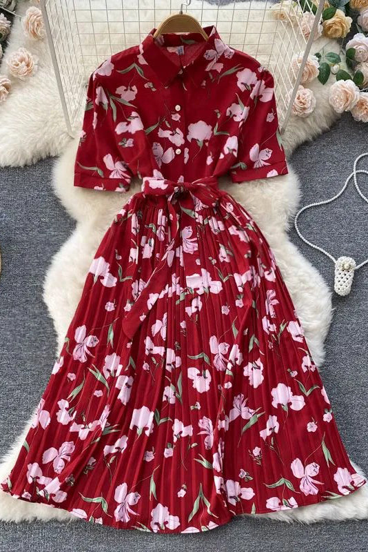 Elegant Dress Floral Print Pleated Long Dress