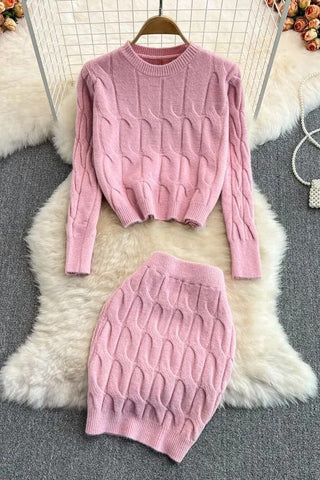 Set Long Sleeve Knitted Tops + Slim Mini Skirts Two Piece Suits