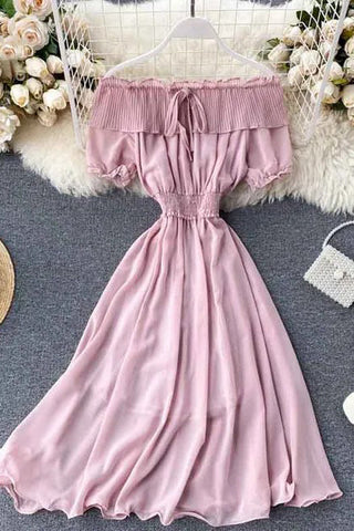 Off Shoulder Chiffon Dress Solid Vestidos Short Puff Sleeve Ruffles Holiday Dress