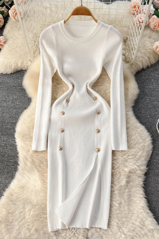 Elegant Double-breasted Split Knitted Wrap Hips Bodycon Dress