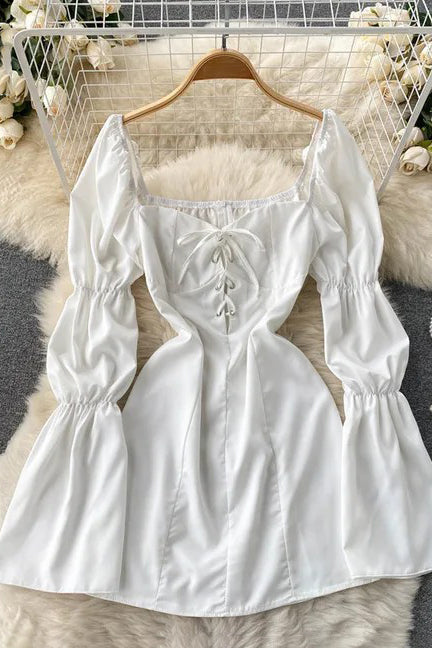 Bandage Mini Dress Long Puff Sleeve Elegant Gothic High Waist Party Dress