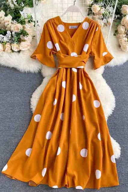 Big Polka Dot Print V Neck Bandage Dress Casual Midi Party Dress Elegant Big Swing Dress