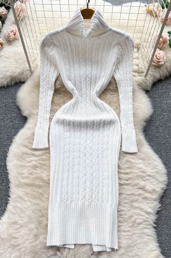 Turtleneck Twist Knitted Bodycon Dress Wrap Hips Dress