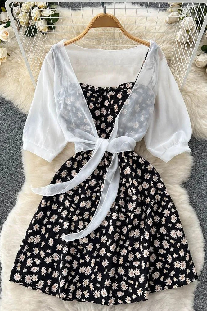 Daisy Flower Print Two Piece Set Strap Vacation Short Dress and Shawl