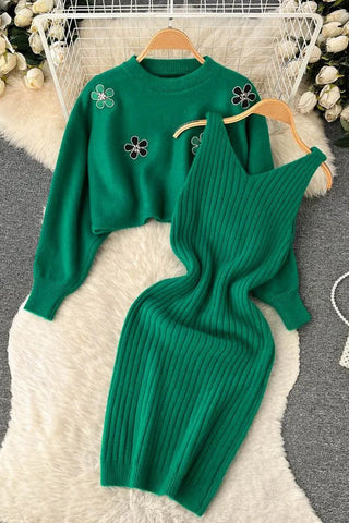 Elegant Two Piece Flower Embroidery Pullover Sweaters + Knitted Mini Dress Suits