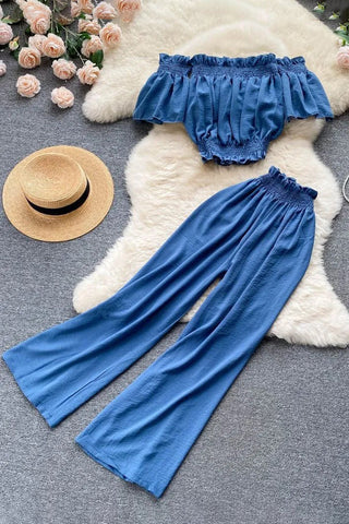 Beach Two Piece Set Off Shoulder Slim Waist Crop Tops + Casual Loose Wide Leg Pants Lady Holiday Suits