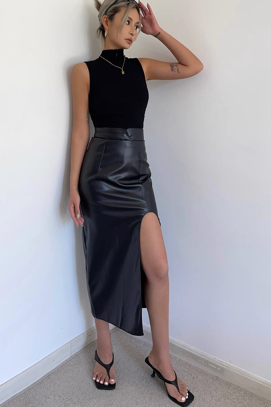 Solid Split PU Leather Skirt