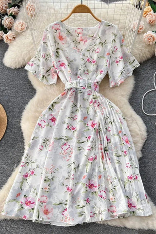 Romantic Floral Print Chiffon Dress With Belt Party Dress