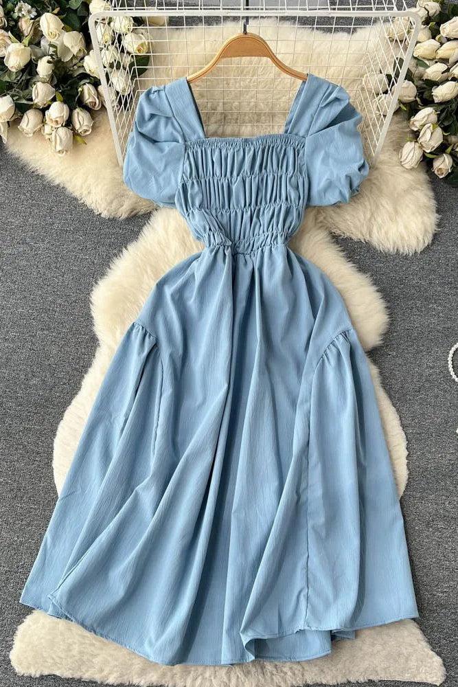 Elegant Ruched High Waist Vintage Puff Sleeve Gothic Dress