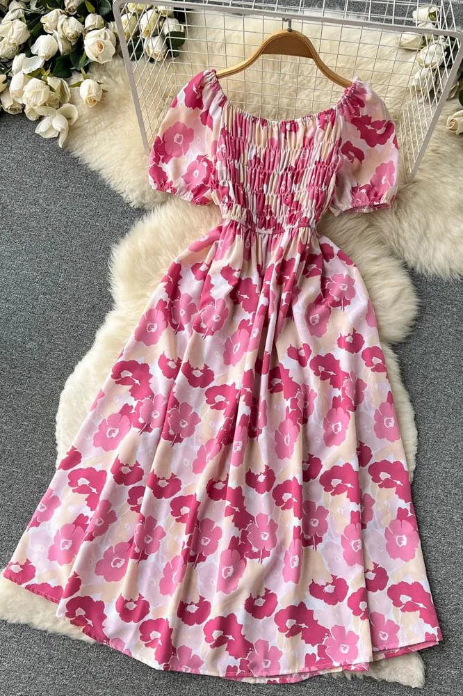 Romantic Flower Print Long Dress Elegant Puff Sleeve Off Shoulder Dress Party Vestidos Dress