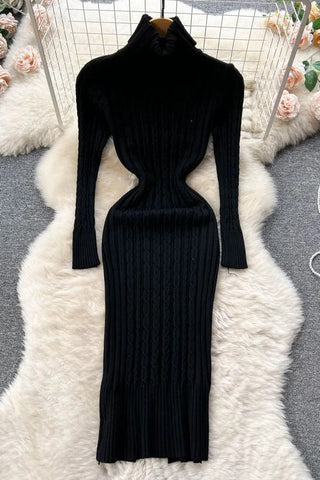 Turtleneck Twist Knitted Bodycon Dress Wrap Hips Dress