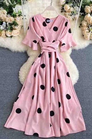 Big Polka Dot Print V Neck Bandage Dress Casual Midi Party Dress Elegant Big Swing Dress