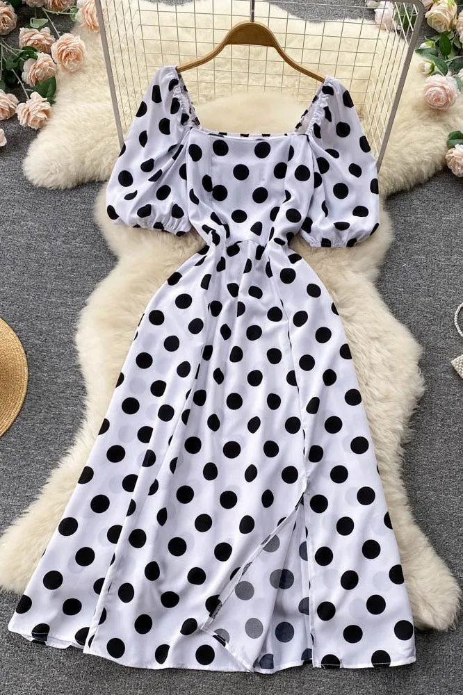 Big Polka Dot Long Elegant Puff Sleeve Split Big Hem Dress