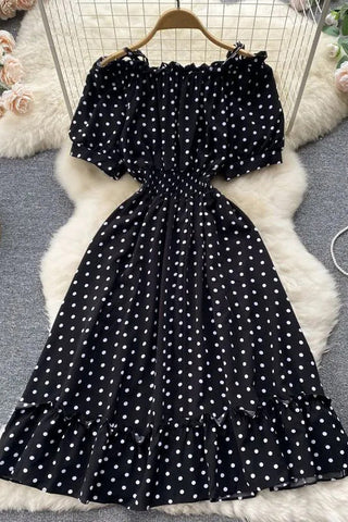 Polka Dot Casual Off Shoulder Sling Straps Elastic Corset Ruffles Hem Party Dress