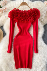 Romantic 3D Flowers Bodycon Party Dress Elegant Off Shoulders Long Sleeve Knitted Dress
