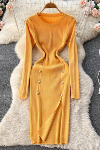 Elegant Double-breasted Split Knitted Wrap Hips Bodycon Dress