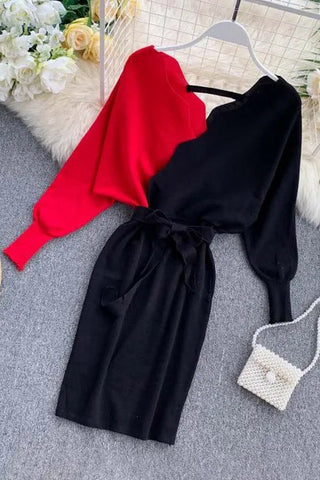 Elegant Sashes V Neck Knit Dress Backless Long Sleeve Sweater Dress