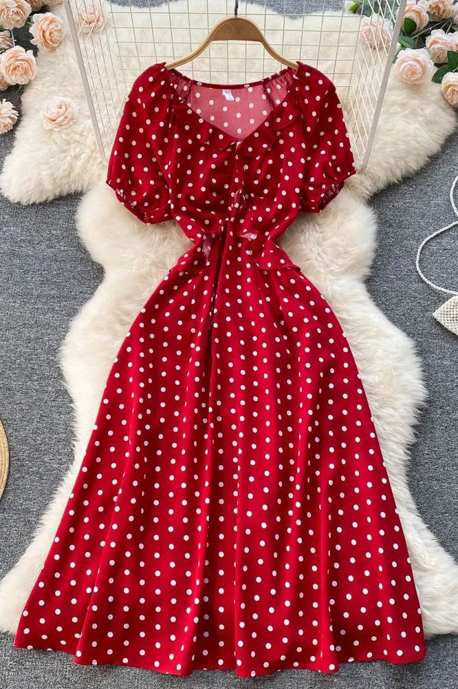 Print Polka Dot Dress Retro Puff Sleeve V-neck Elegant Dress