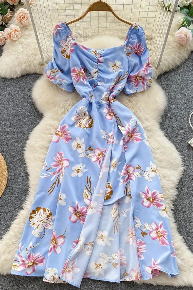 Robe longue fendue à imprimé floral et col en V, élégante, manches bouffantes, tenue de soirée et de vacances