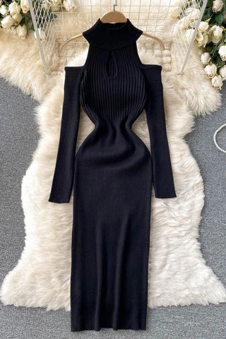 Off Shoulders Long Sleeve Bodycon Knitted Sweater Dress