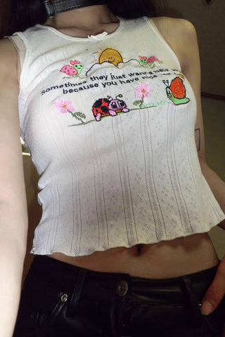 Cartoon and Letter Print Embroidery Cami Tops