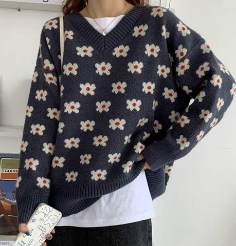 Korean Style Daisy Flower Printed Knitted Winter Sweater