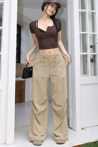 Drawstring Waist Pocket Side Cargo Pants