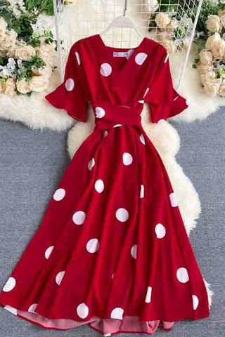 Big Polka Dot Print V Neck Bandage Dress Casual Midi Party Dress Elegant Big Swing Dress