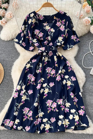 Romantic Floral Print Chiffon Dress With Belt Party Dress