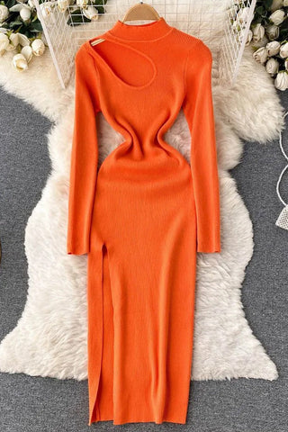 Long Sleeve Slim Knitted Sweater Dress Hollow Out High Split Long Dress