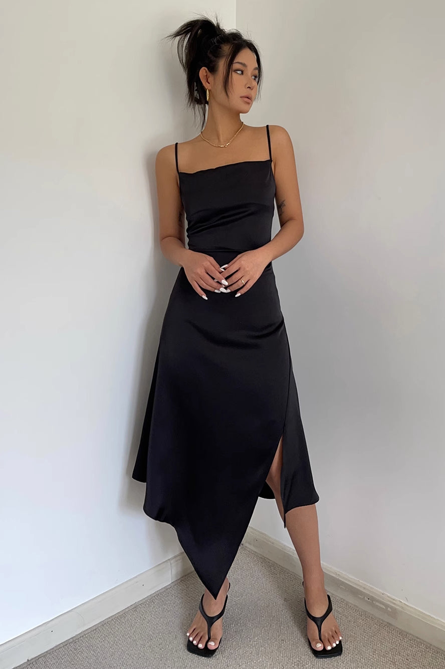 Satin Asymmetrical Hem Split Dress